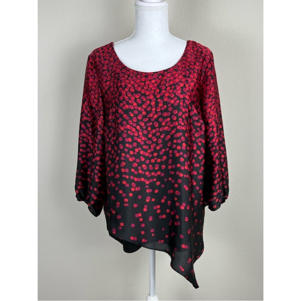 ALYX Blouse Womens L Red Black Artsy Faux Layered Sheer Overlay Asymmetrical